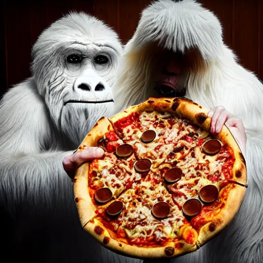 Image similar to camera obscura photograph of a yeti eating pizza