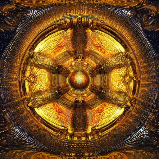 Prompt: Divine Chaos Engine by Karol Bak, Jean Deville, Gustav Klimt, and Vincent Van Gogh, celestial, visionary, sacred, fractal structures, ornate realistic gilded medieval icon, spirals, octane render