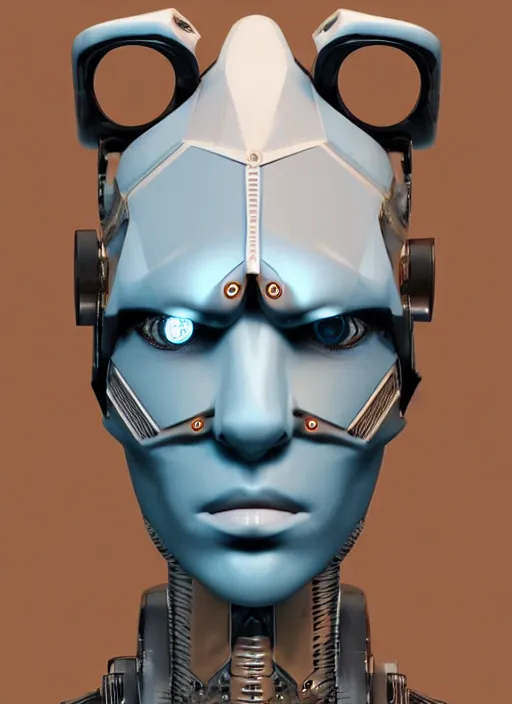 Prompt: angled facial full-head portrait of a cyberpunk bone ceramic caliente humanoid robot Spanish with an attractive face and handsome features, large blue laser eyes, macho, piroca, dotado, guapo, reflective surface, trending on cgsociety, trending on artstation