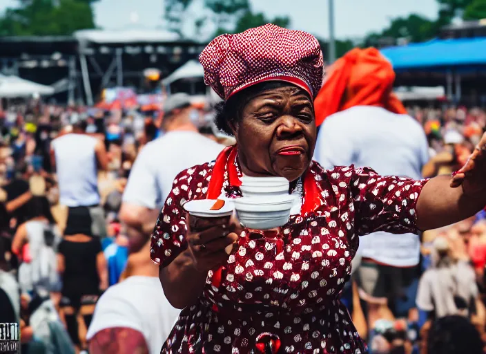 Prompt: photo still of aunt jemima in period attire at vans warped tour!!!!!!!! at age 4 0 years old 4 0 years of age!!!!!!! on stage pouring maple syrup on the crowd, 8 k, 8 5 mm f 1. 8, studio lighting, rim light, right side key light