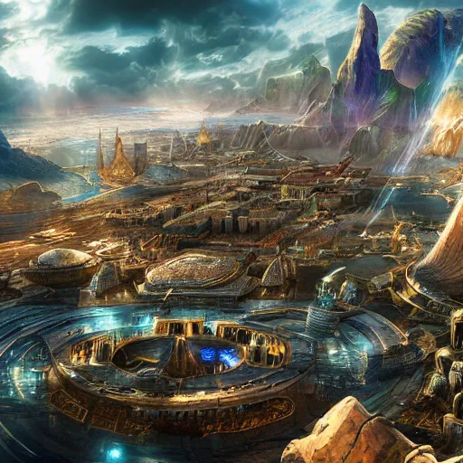 Image similar to A widespread luxurious asgardian city with oceans surrounding, sci fi fantasy, featured on pixiv, 4k hd art, cinematic lighting, hyperrealistic, ultra detailed, 8k hd artwork, cinematic