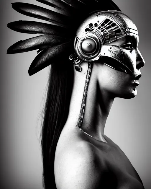 Image similar to a profile portrait, a stunning young woman - cyborg with a mutant crow head, editorial photography, bw, by roman sustov, by hr giger, shot on 7 0 mm, depth of field, f / 2. 8, high contrast, 1 6 k, volumetric lighting, shiny, insanely detailed and intricate, hypermaximalist, elegant, ornate