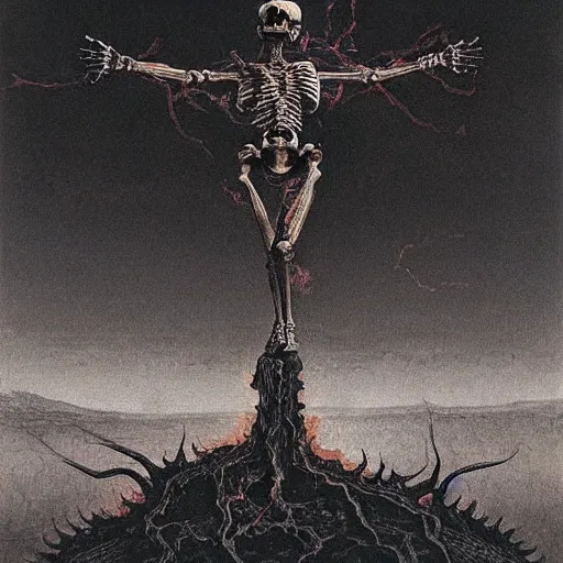 Prompt: A skeleton demon in flames made of ethernet cables floating above a lake of fire in Hell, small crosses floating in the background, by Beksinski