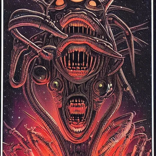 Image similar to space alienslimy, glossy, sharp teeth, by h. r. giger, and space odyssey 2 0 0 1, nightmare fuel, nightmarish, intricate, highly detailed, optical illusion, stranger things demogorgon, cave lighting, flickering