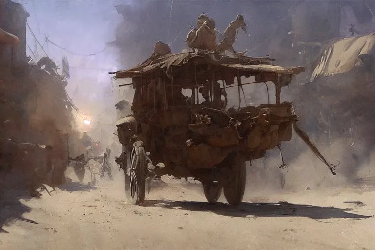 Prompt: oil painting of a silt strider transport in dusty wild west street, art by anders zorn, wonderful masterpiece by greg rutkowski, beautiful cinematic light, american romanticism by greg manchess, jessica rossier