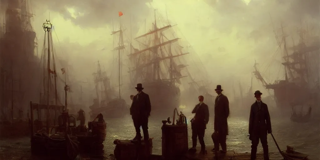 Image similar to a seaport in 1 9 4 0 with red light on, sunny day, a men stand up next to the edge, mystical orange fog, oil on canvas, art by andreas achenbach, clemens ascher, tom bagshaw and sabbas apterus,