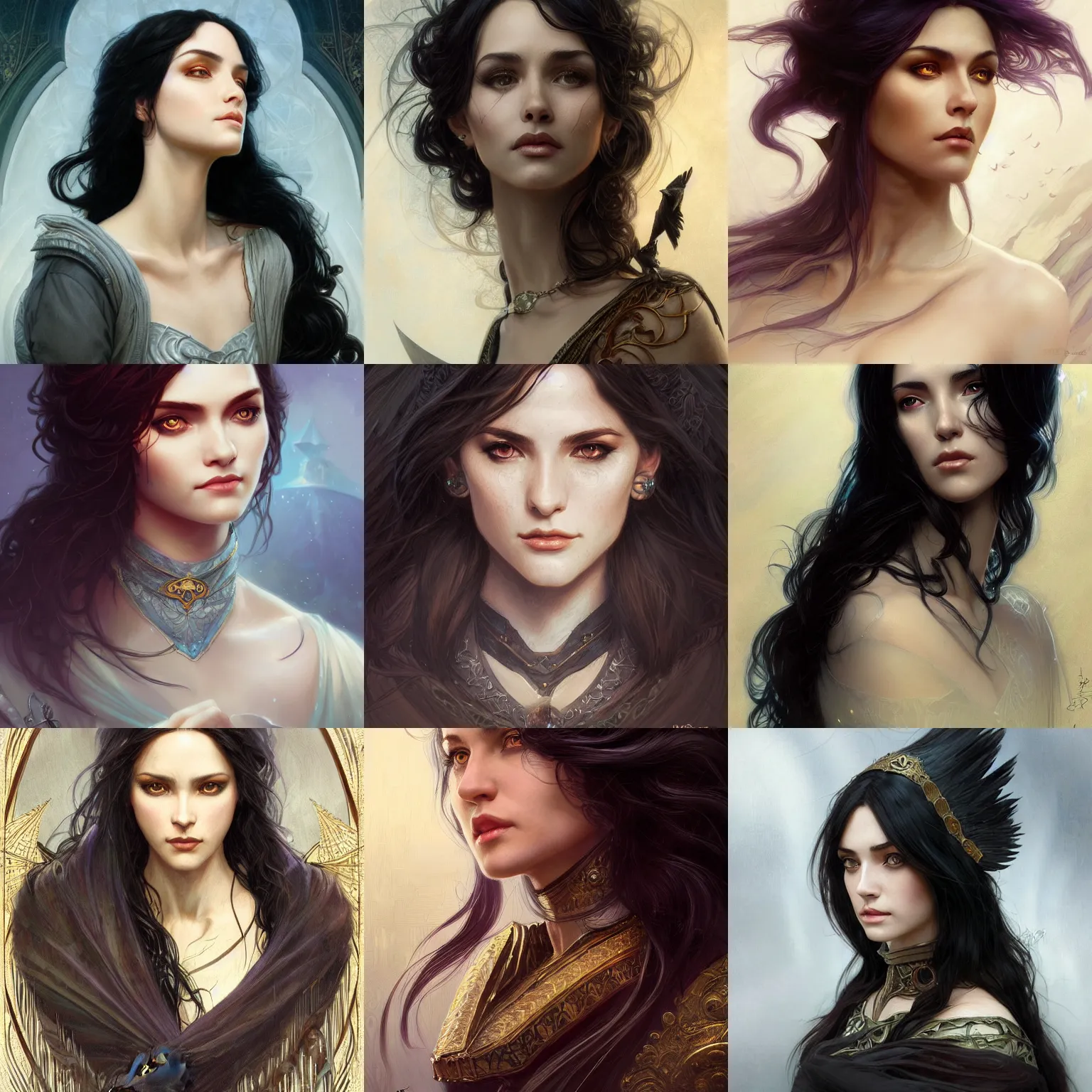 Image similar to portrait of a raven-haired female sorceress, elegant, intricate, headshot, D&D, fantasy, highly detailed, digital painting, artstation, concept art, sharp focus, illustration, art by artgerm and greg rutkowski and alphonse mucha