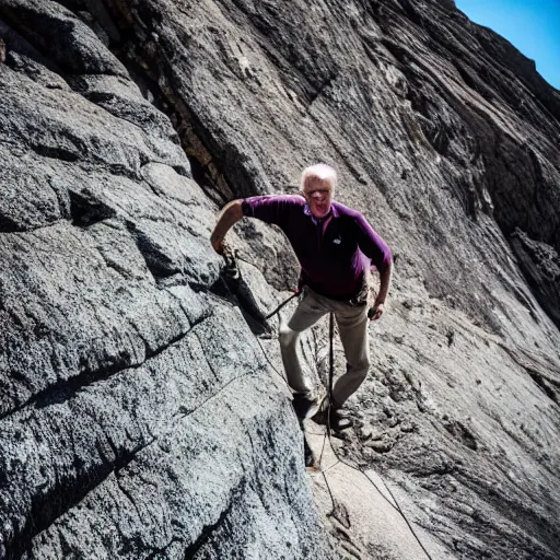 Image similar to joe biden climbing a mountain, adventure photography