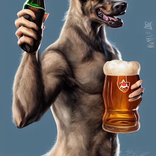 Image similar to a humanoid german shepherd beast - man in soccer style, holding a bottle of beer, artstation, concept art, smooth, sharp foccus ilustration, artstation