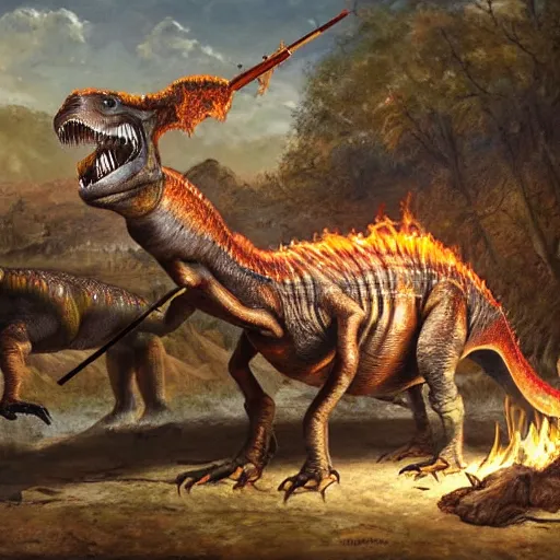 Prompt: a hype rrealistic painting a dinosaur beef on a spit, cooked