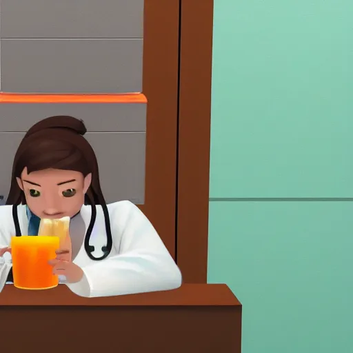 Prompt: a painting of a cute brown haired female doctor with a ponytail, sitting behind a desk in a square green cubicle, sipping juice from an orange juice box, wearing a white coat. Rendered in isometric perspective with unreal engine, 8k resolution, ultra hd.