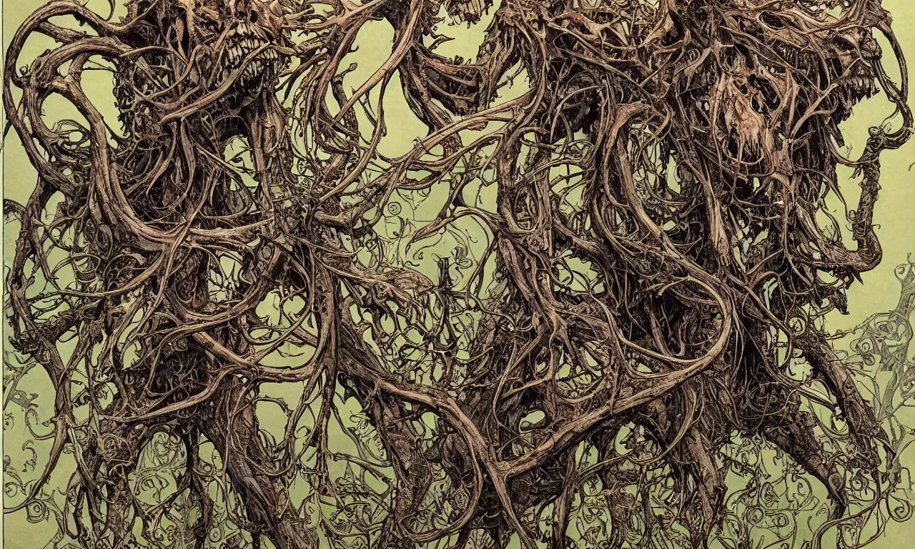 Image similar to hyperdetailed art nouveau portrait of treebeard as a cthulhu eyeball skull wendigo cryptid, by geof darrow, simon bisley and bill sienkiewicz, grim yet sparkling atmosphere, photorealism, claws, skeleton, antlers, fangs, forest, wild, crazy, horror, lynn varley, lovern kindzierski, steve oliff