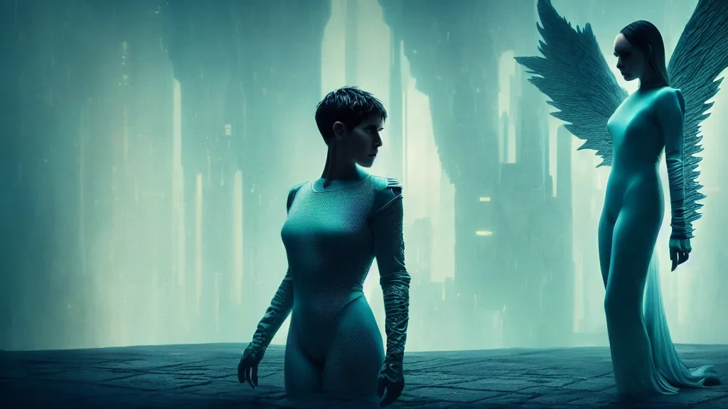 Image similar to angel, big wings, low key light, full plate armor with cloth, f 1 6, bokeh, blade runner 2 0 4 9, medium portrait, gentle, female, ornate city ruins, landscape, d & d, fantasy, intricate, elegant, highly detailed, teal white gold color palette, roger deakins, sharp focus, greg rutkowski and alphonse mucha