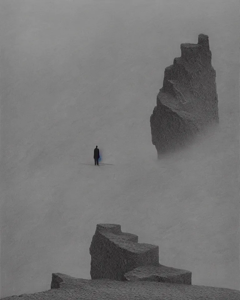 Prompt: Man in front of the cliff of death by Zdzisław Beksiński
