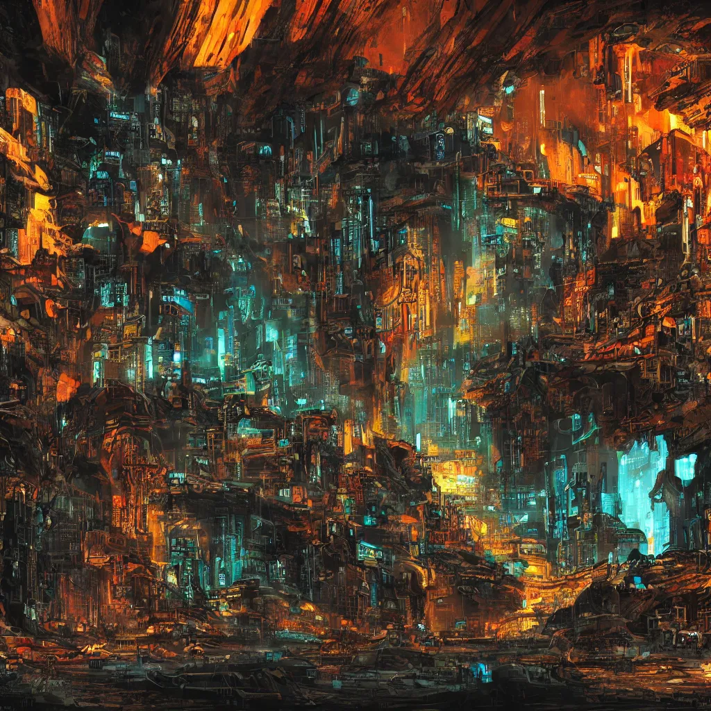 Image similar to a cave painting of a cyberpunk cave