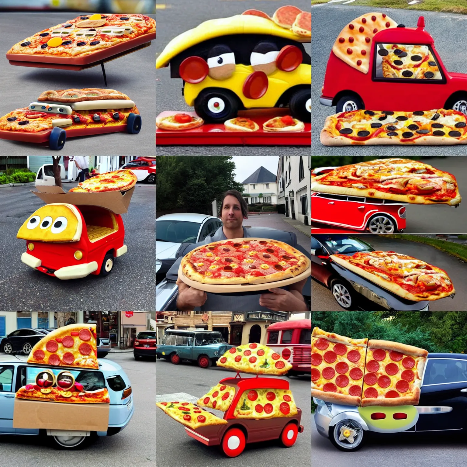 Prompt: A car made out of pizza driving on a road