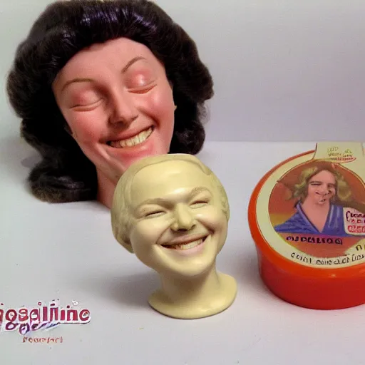 Image similar to Melting porcelain occult wax figure smiling commercial product 70s