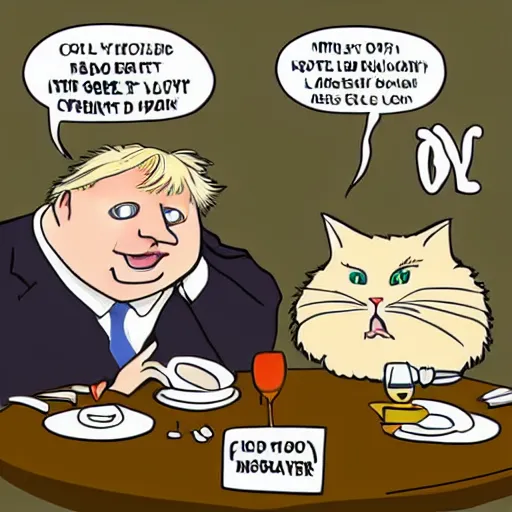 Prompt: boris johnson cartoonized. hyperrealistic. cartoonized cat. they have a romantic dinner. folk horror