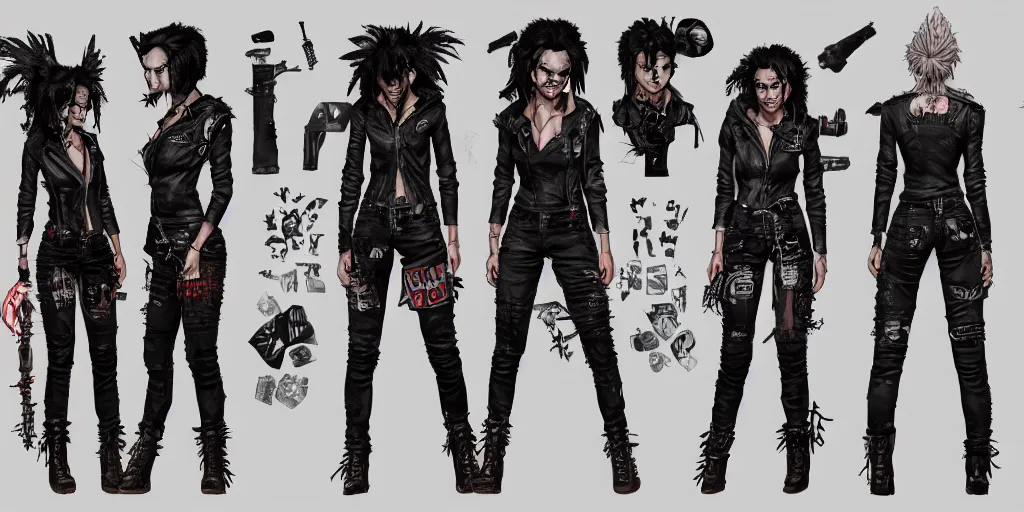 Image similar to gina is a punk rocker, character sheet, concept design, contrast, hot toys, kim jung gi, greg rutkowski, zabrocki, karlkka, jayison devadas, trending on artstation, 8 k, ultra wide angle, pincushion lens effect