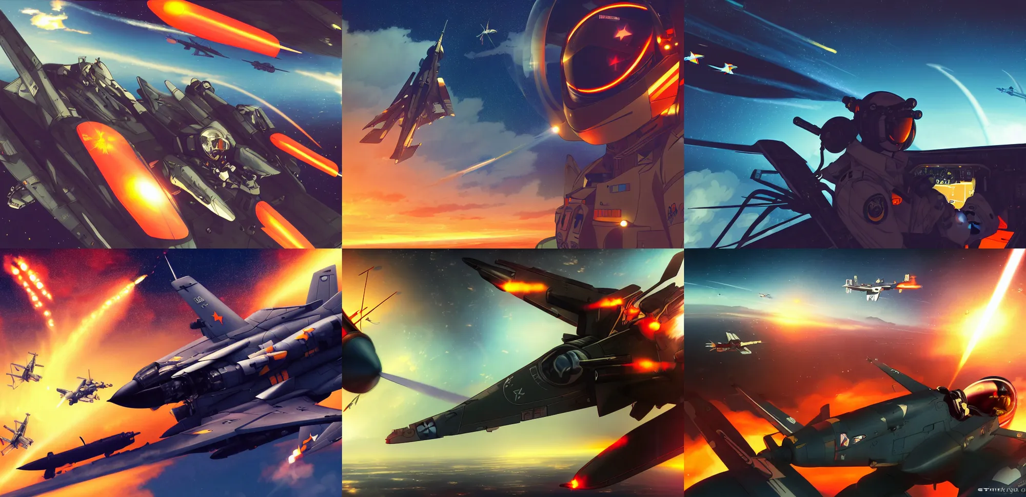 Prompt: Fighter pilot in the cockpit, during the air battle at night. In anime style, dark color. explosions, tilt and orange, ultrawide angle, panoramic, fish eye, colorfull painting, centered, front, horizont, outline, stars, gundam, mech, art by Stephan Martiniere, 4k resolution