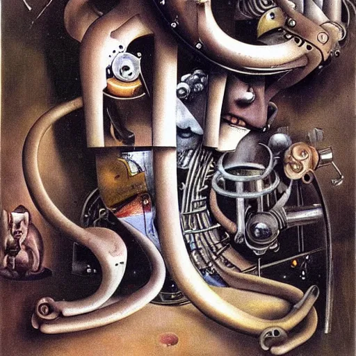 Prompt: Oil painting by Dali. Two mechanical trash gods with animal faces kissing. Oil painting by Hans Bellmer.