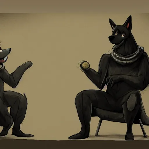 Image similar to two anthropomorphic german shepherds beast - men, they are wearing suits sitting on a couch and talking together, artstation, concept art, smooth, sharp foccus ilustration, artstation