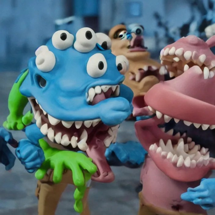 Image similar to jeff koons style street sharks in wallace & gromit claymation