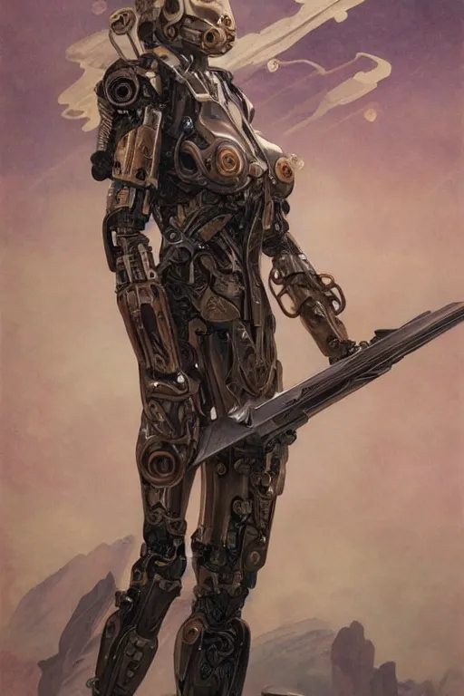 Image similar to organic cyborg holding a weapon, art deco, soft lighting, sci fi fantasy, intricate, elegant, highly detailed, lifelike, photorealistic, 2d matte illustration, artstation, illustration, concept art, smooth, sharp focus, art by John Collier and Albert Aublet and Krenz Cushart and Artem Demura and Alphonse Mucha