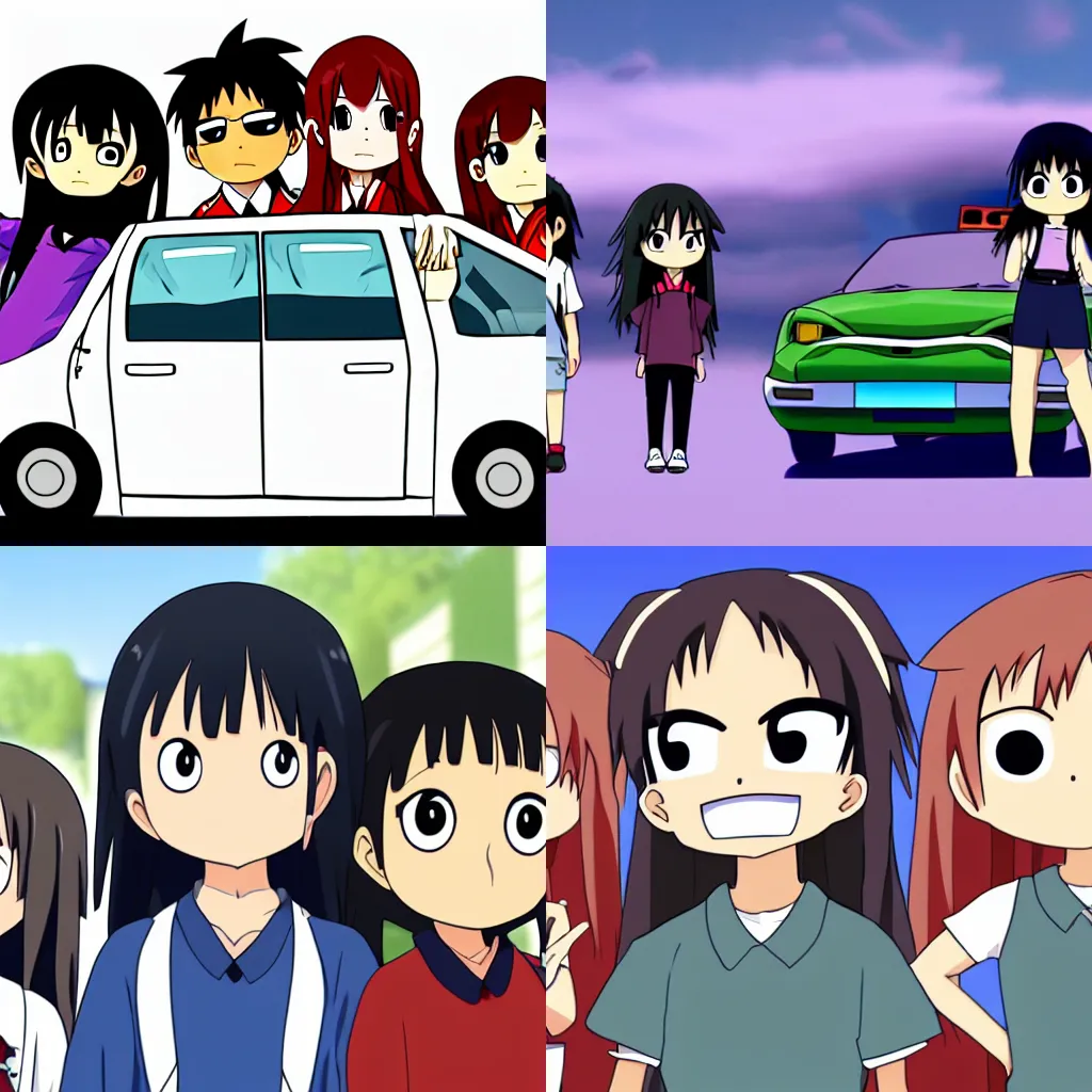 Prompt: Characters from Azumanga Daioh grown up and driving a car, in the style of azumanga daioh, 4k, dynamic lighting