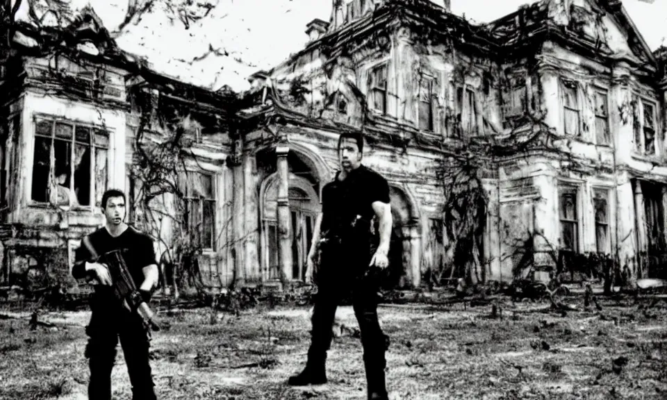 Image similar to 35mm film still, Resident evil, chris redfield in front of mansion, zombie, spooky, horror, old, dirty, reversal film stock