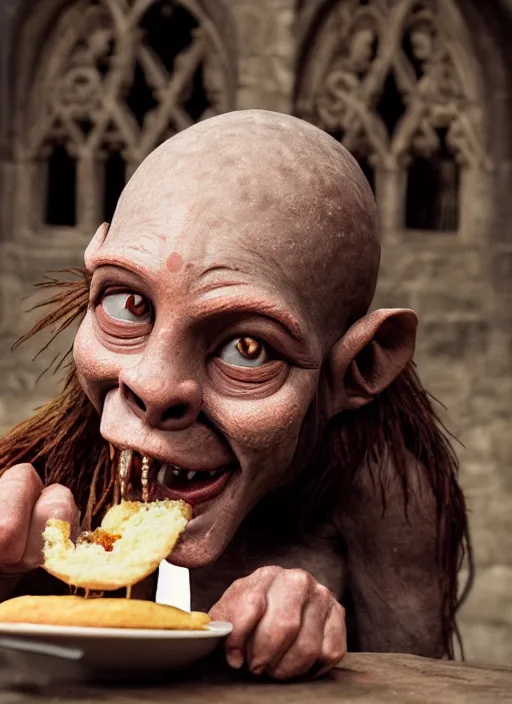 Image similar to closeup portrait of a medieval goblin eating cakes in the cloisters, depth of field, zeiss lens, detailed, symmetrical, centered, fashion photoshoot, by Annie Leibovitz and Steve McCurry, David Lazar, Jimmy Nelsson, Breathtaking, 8k resolution, extremely detailed, beautiful, establishing shot, artistic, hyperrealistic, beautiful face, octane render