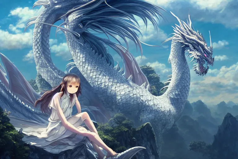 Image similar to the beautiful hyper detailed big scene render that a beautiful girl sitting on the back of a huge silver white dragon alone in fairyland surrounded by white clouds, finely detailed angelic face delicate features, style of studio ghibli, makoto shinkai, artgerm, karol bak, kazuki tanahashi, james jean, ross tran, xision, ultra wide angle