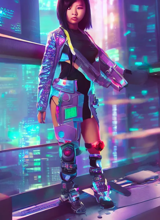 Prompt: a cute asian girl in a cyberpunk costume, in the style of pixar animation, full body shot, viewed from bellow, award winning, hyper detailed, studio lighting, artstation, octane renderer, unreal engine