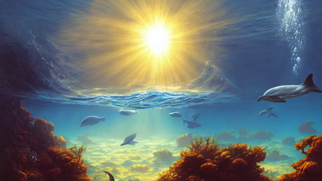 Image similar to underwater sea, summer, sun rays shining through the surface, dolphins swimming, peaceful, amazing, by andreas rocha and john howe, and Martin Johnson Heade, featured on artstation, featured on behance, golden ratio, ultrawide angle, f32, well composed