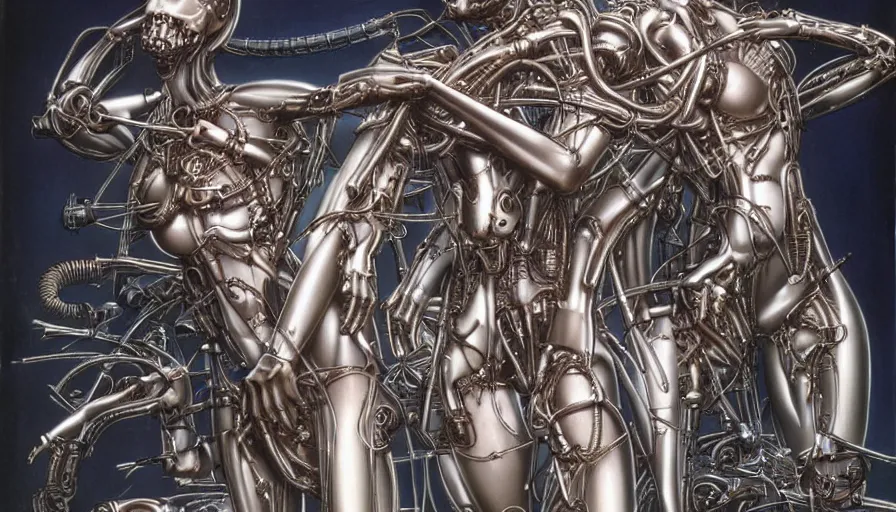 Prompt: biomechanical utopia full of sentient nanites and wonder, hyper realistic by Hajime Sorayama and H.R Giger,