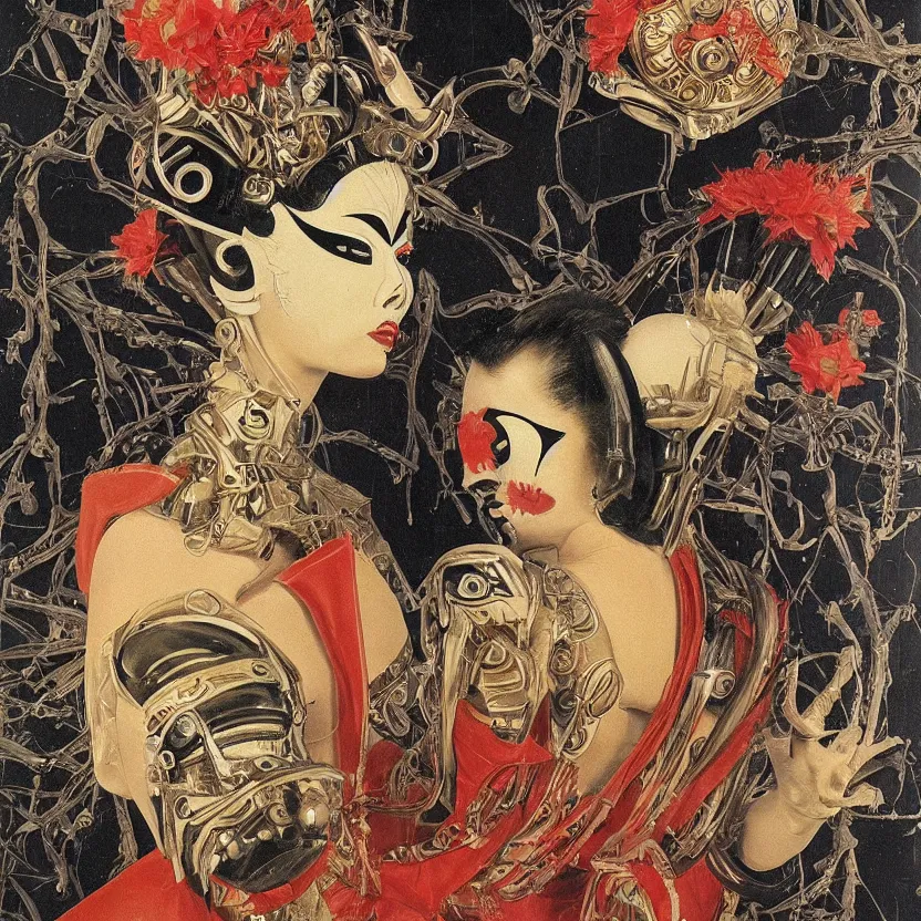 Prompt: an alien geisha mask by h. r. geiger, pulp sci - fi art for omni magazine. decorated with ornate filigree and foliage. high contrast. baroque period, oil on canvas. renaissance masterpiece.