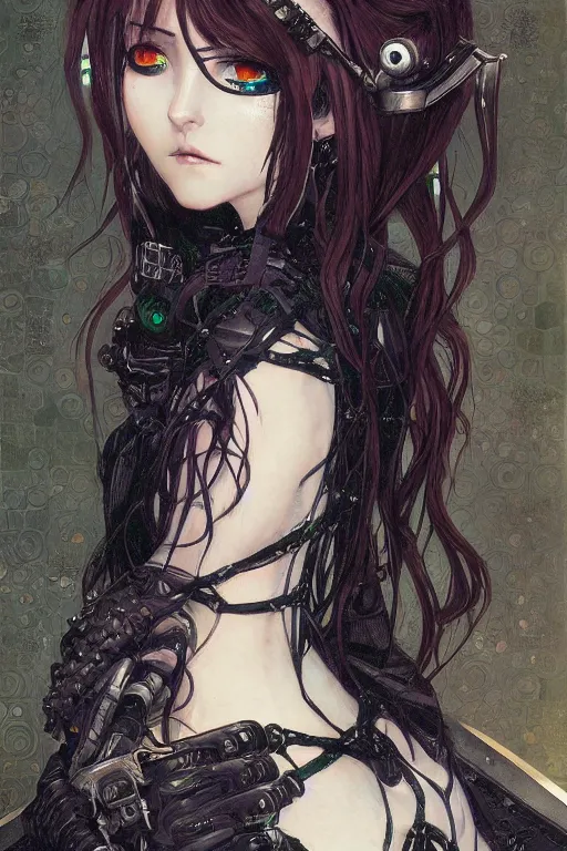 Prompt: portrait of beautiful young gothic anime maiden, cute. cyberpunk, Warhammer, highly detailed, artstation, illustration, art by Gustav Klimt