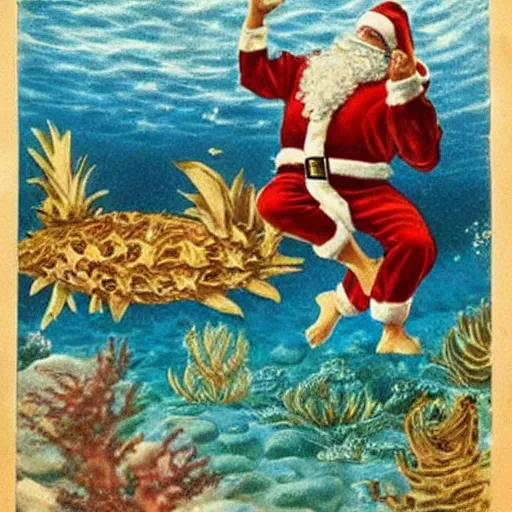 Prompt: santa scuba diving in an ocean where creatures lure that looks like pineapple pizza, high renaissance - n 3