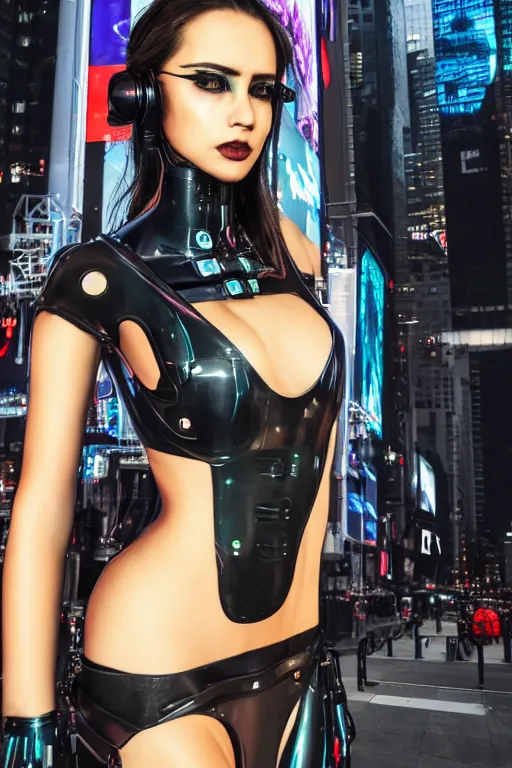 Image similar to fully clothed women dresses in a cyberpunk aesthetic in body suit and high heels with cybernetic eye implants standing at times square circa 2 3 0 0, detailed face!!, beautiful eyes, film still, wide lens, hyperrealism, incredible detail, 8 k resolution, zeiss lens, canon eos, artstation, redshift, octane, detailed face!!,
