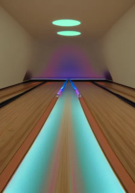 Prompt: pastel iridescent aesthetic 3d bowling alley at night, cinema 4d, digital art, octane renter, hd, 8k, hyperrealistic, highly detailed, trending on behance, in the style of blake kathyrn and James Turrell