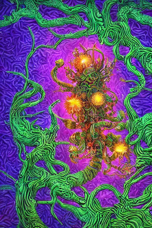 Image similar to creature sushi roots cactus elemental flush of force nature micro world fluo light deepdream a wild amazing steampunk baroque ancient alien creature, intricate detail, colorful digital painting radiating a glowing aura global illumination ray tracing