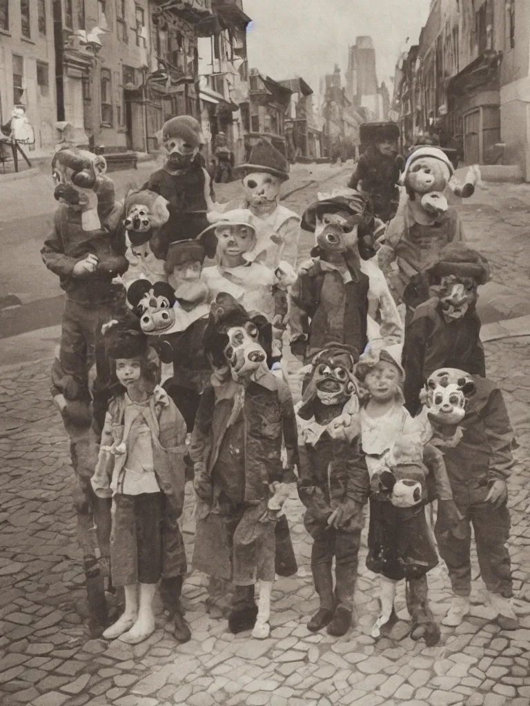 Image similar to three kids on the bottom center of the frame wearing vintage animal masks, standing in the middle of a cobble stone street in brooklyn, the lighting is godly and soft, whimsical, disney concept art style