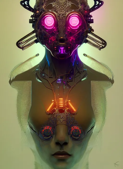 Image similar to organic cyborg, neon bear mask, diffuse lighting, fantasy, intricate, elegant, highly detailed, lifelike, photorealistic, digital painting, artstation, illustration, concept art, smooth, sharp focus, art by John Collier and Albert Aublet and Krenz Cushart and Artem Demura and Alphonse Mucha