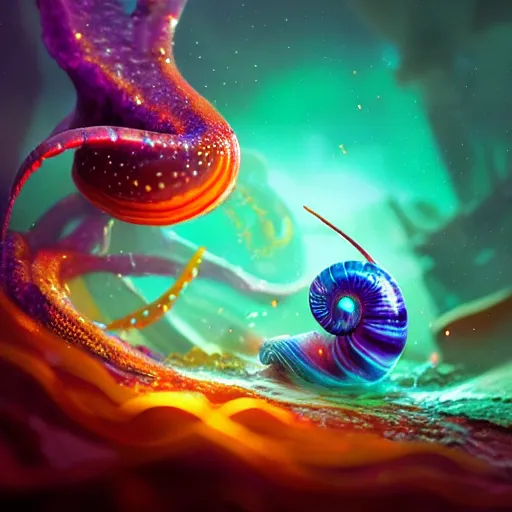 Image similar to beautiful colorful snail fish frog sea-star ant, magic of fire and magic of ice. occult cyberpunk, ancient futuristic, dark art, occult. by Petros Afshar, by artgerm, by Eddie Mendoza, by Peter mohrbacher, octane render, 3d, unreal engine, depth of field, bokeh, motion blur, blur