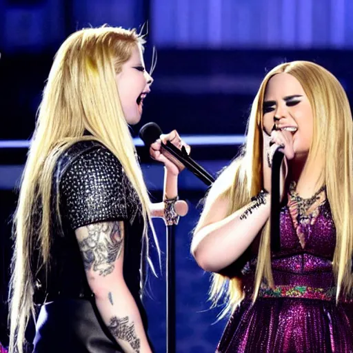 Image similar to Avril Lavigne and Demi Lovato preforming live on stage at the Grammys, high quality, HD, 4k, 8k