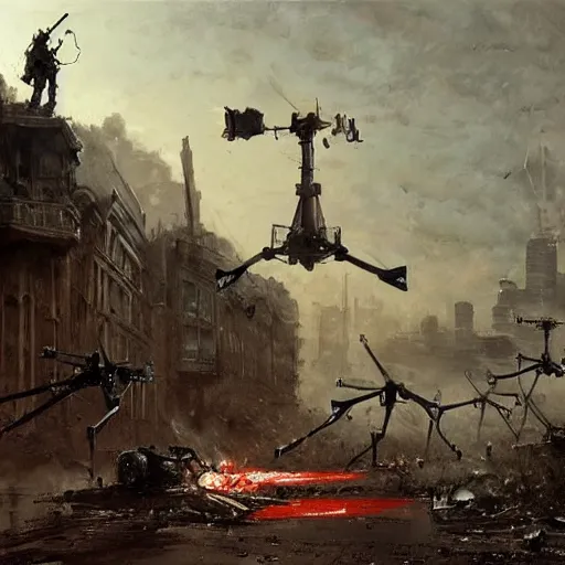 Image similar to war of the worlds, martian tripods attack london, human soldiers try to counter - attack, intense fighting, dital painting, very detailed, art by jakub rozalski