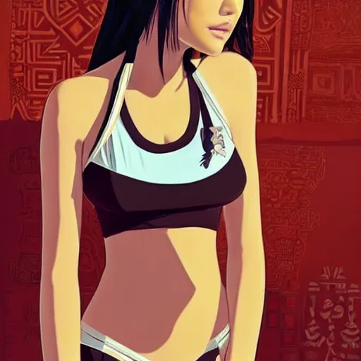 Image similar to a beautiful young japanese natalie portman alluring gravure model, stylized concept art, wearing elegant designer bomber jacket and one piece bikini, bomber jacket with mesoamerican patterns, mesoamerican native street fashion, princess mononoke, painted by ilya kuvshinov aesthetic, gorgeous, stunning, alluring, attractive, artstation, pinterest, digital art