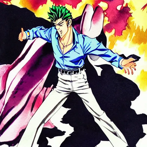 Image similar to young boy angry, pompadour hairstyle, art by hirohiko araki, jotaro kujo, action pose, manga cover, watercolor