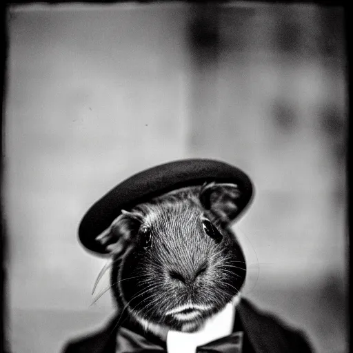 Image similar to a guinea pig wearing a bowler hat, grainy black and white photograph