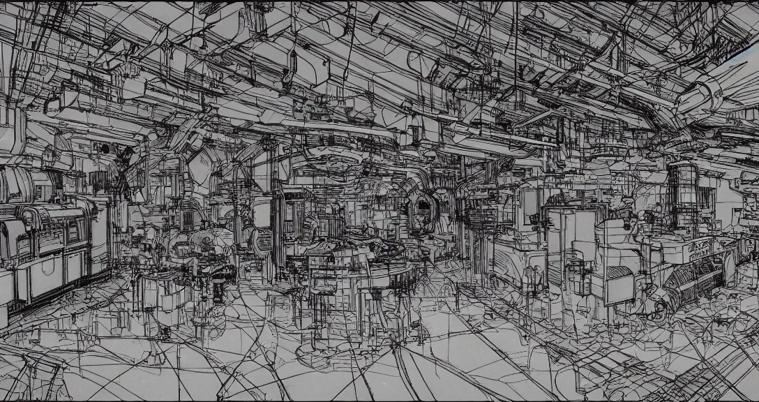 Prompt: technical drawing of secret underground laboratory room interior, clear line art, sketch on paper, by Tsutomu Nihei and Laurie Greasley and Goro Fujita, detailed shadows, blueprints, schematic style, highly detailed, strong perspective, two-point perspective, isometric perspective illustration